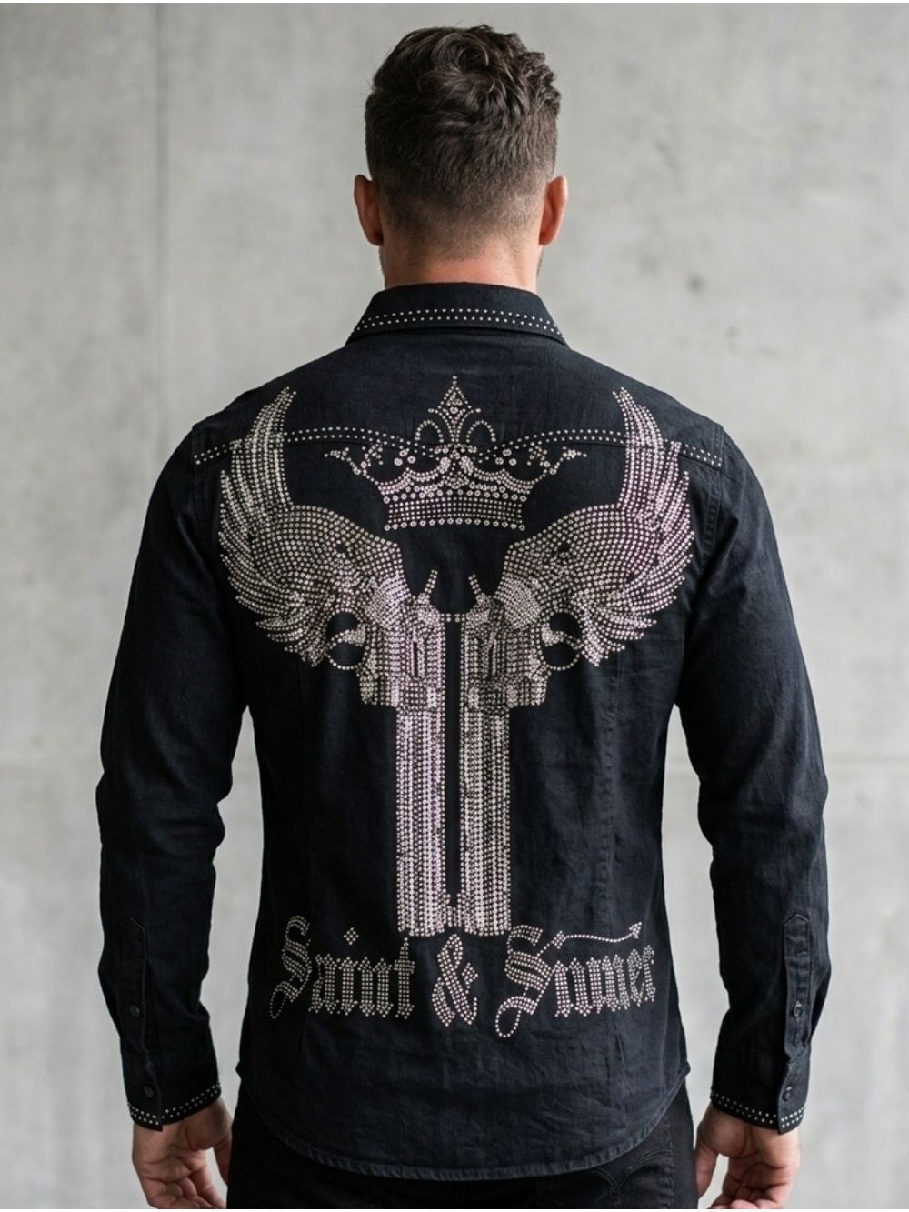 Affliction Vintage Men's Black Shirt with Silver Embellishments
